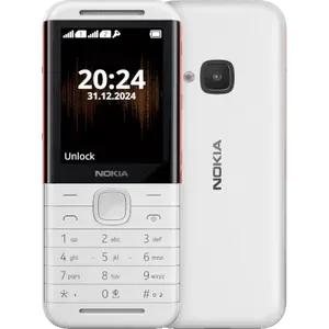 Nokia 5310 in White/Red, front view with the 2.8-inch screen and keypad, next to the back with the camera and LED flash