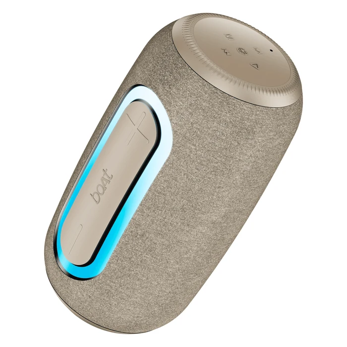 boAt Stone Nyx portable Bluetooth speaker in Desert Beige, angled front view with the RGB light ring