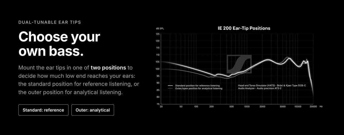 Sennheiser IE 200 dual-tunable ear tips with two positions for reference or analytical listening