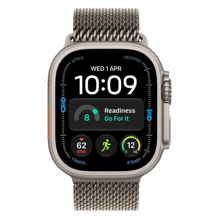 Apple Watch Ultra 4 in Natural Titanium with the Natural Titanium Milanese Loop, front view with the watch face on