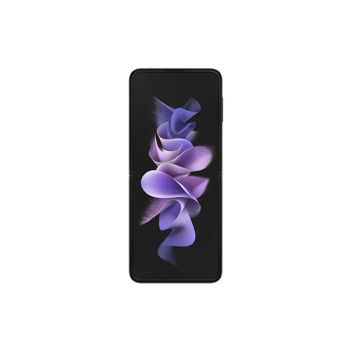 Samsung Galaxy Z Flip 3 in Phantom Black, fully open, front view of the 6.7-inch main screen