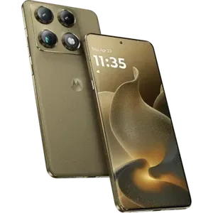 Motorola Signature in Pantone Martini Olive, back and front views, showing the square triple camera module and the 6.8-inch screen