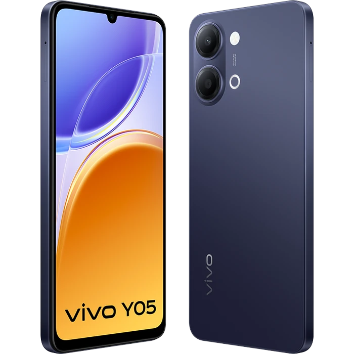 Vivo Y05 4G in Mystic Blue, angled front and back views