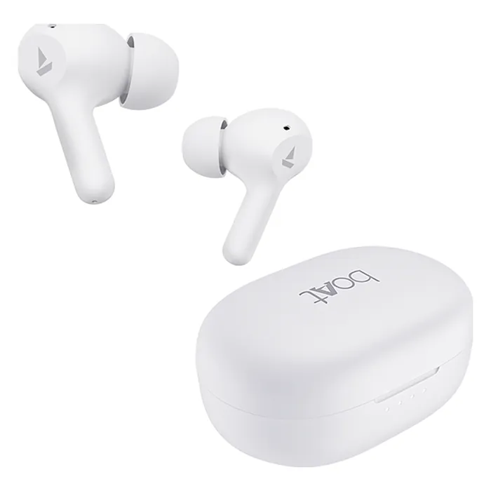 boAt Airdopes 71 true wireless earbuds in Frost White, earbuds and charging case