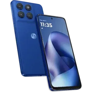 Motorola Moto G77 Power in Pantone Nautical Blue, back and front views, showing the camera module and the 6.72-inch screen