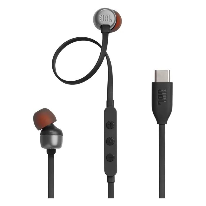 JBL Tune 310C USB-C earphones in Black, earbuds with the remote and USB-C plug