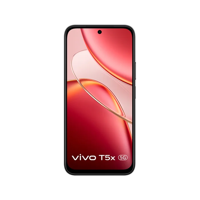 Vivo T5x 5G in Fusion Red, front view of the 6.76-inch screen