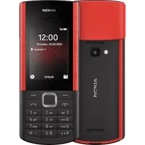 Nokia 5710 XpressAudio in Black, front view with the 2.4-inch screen and keypad, next to the back with the red earbud slider