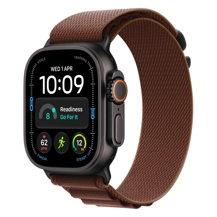Apple Watch Ultra 4 in Black Titanium with the Burgundy Alpine Loop, three-quarter view with the watch face on