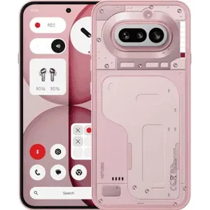 Nothing Phone (4a) in Pink, front and back views overlapping, showing the screen and the transparent back