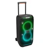 JBL PartyBox Stage 320 portable Bluetooth party speaker in Black, angled view with telescopic handle up and wheels