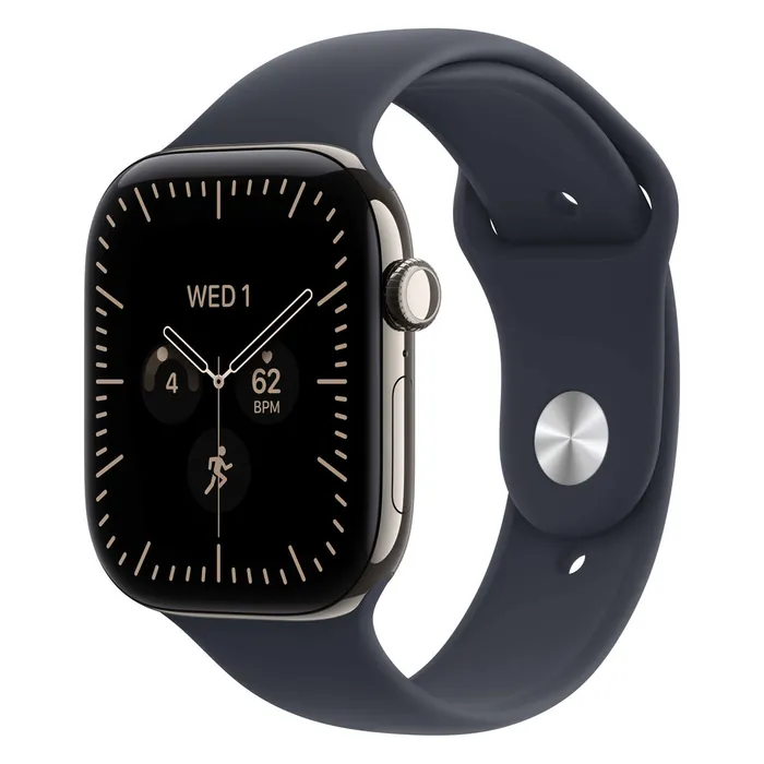 Apple Watch Series 12 46mm in Natural Titanium with the Navy Blue Sport Band, three-quarter view with the watch face on