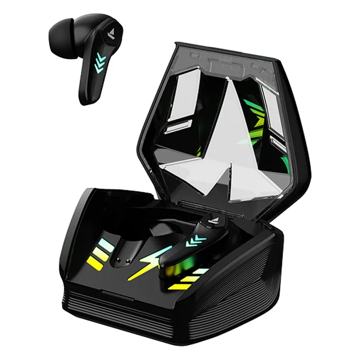 boAt Airdopes 190 true wireless earbuds in Black, earbud above the open charging case with RGB lights
