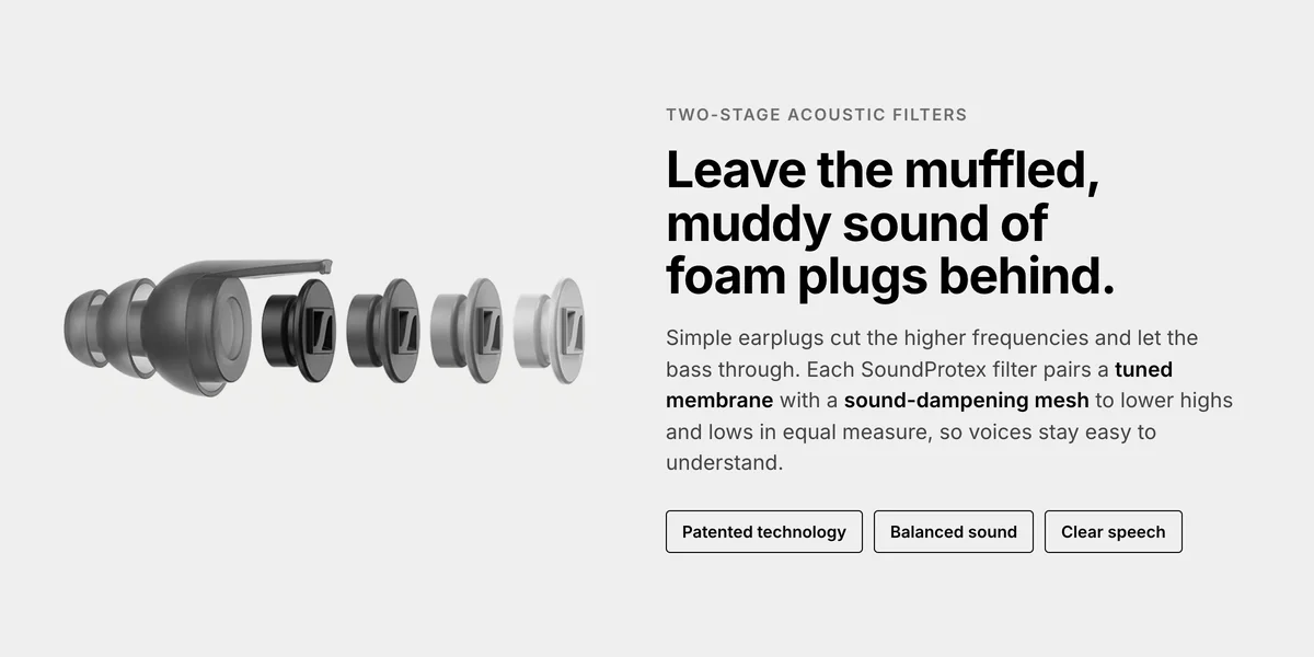 Sennheiser SoundProtex Plus earplug and its filters, two-stage membrane and mesh for balanced, clear sound