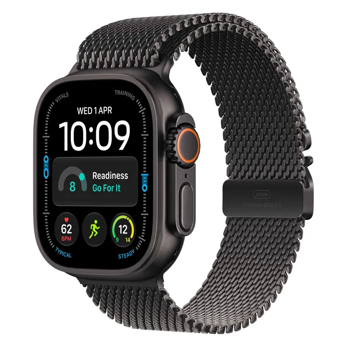 Apple Watch Ultra 4 in Black Titanium with the Black Titanium Milanese Loop, three-quarter view with the watch face on