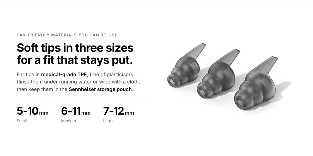Sennheiser SoundProtex ear tips in S, M and L, medical-grade TPE, reusable and easy to clean