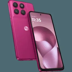 Motorola Moto G77 Power in Pantone Fuchsia Red, back and front views, showing the camera module and the 6.72-inch screen