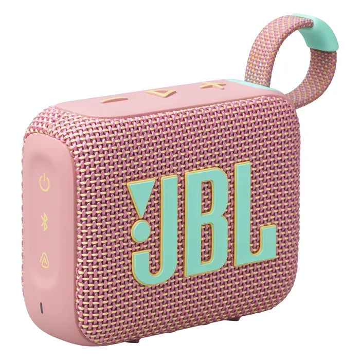 JBL Go 4 portable Bluetooth speaker in Pink, angled front view