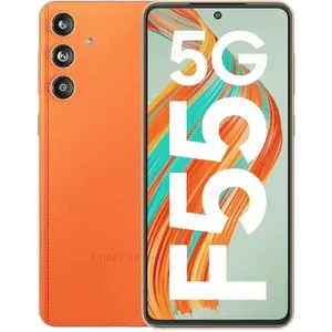 Samsung Galaxy F55 5G in Apricot Crush, back and front views