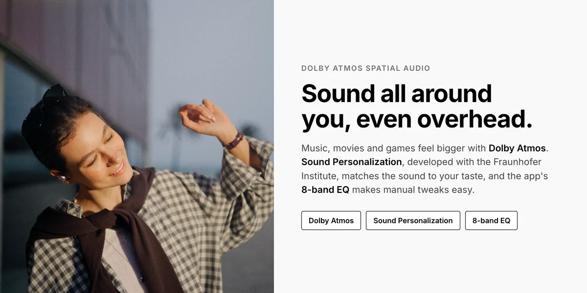 Woman dancing with Sennheiser Momentum True Wireless 5 earbuds, Dolby Atmos, Sound Personalization and 8-band EQ