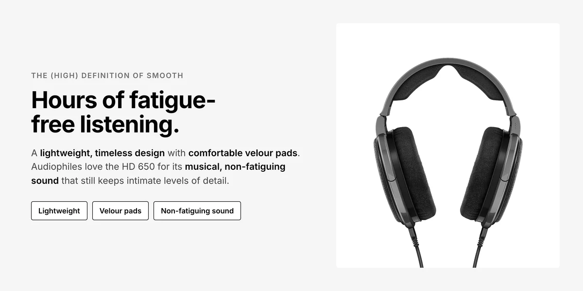 Sennheiser HD 650 front view, lightweight design with velour pads for fatigue-free listening