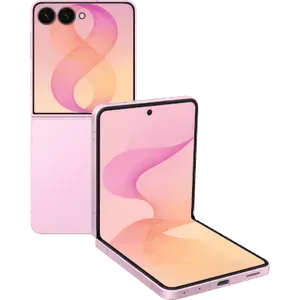Samsung Galaxy Z Flip 8 in Pink, half folded with the FlexWindow