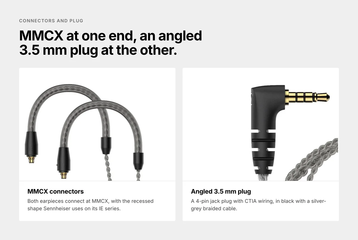MMCX connectors and angled 3.5 mm CTIA plug of the Sennheiser MMCX microphone cable