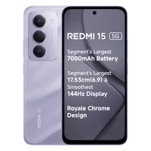Redmi 15 5G in Sandy Purple, front and back views with the key features