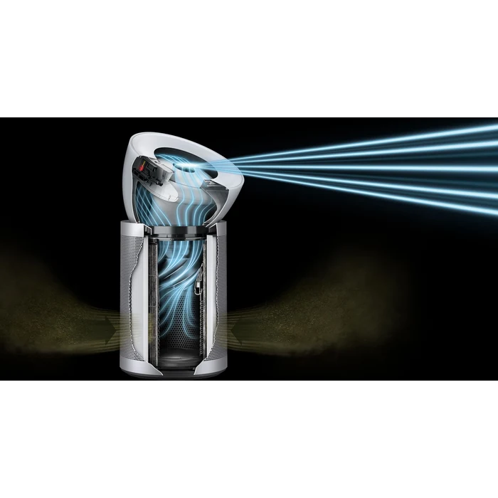 Dyson Purifier Big+Quiet BP02 air purifier in White/Satin Silver, airflow through the fully sealed machine, cutaway illustration