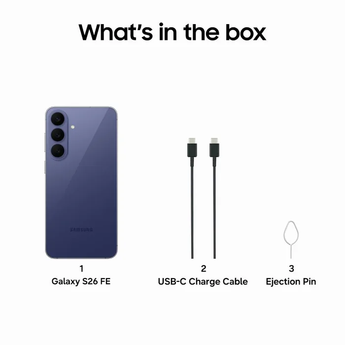 What's in the box: Galaxy S26 FE in Blueberry, USB Type-C cable and ejection pin