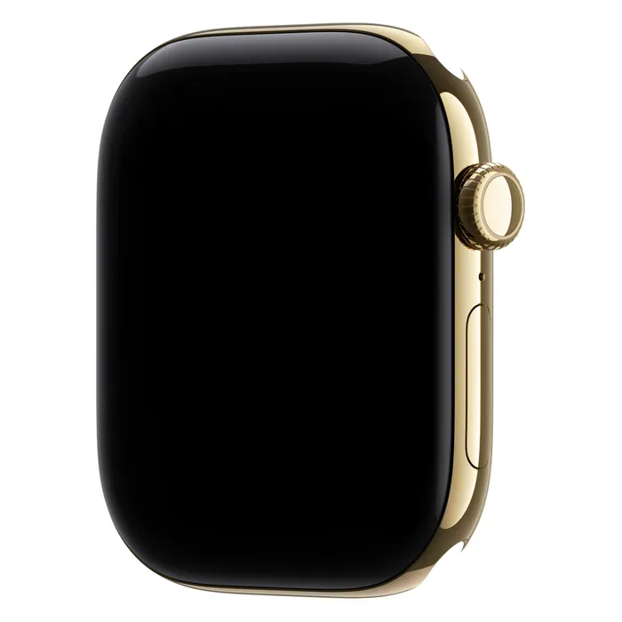 Apple Watch Series 12 46mm Radiant Gold Titanium case on its own, showing the Digital Crown and side button