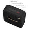 Marshall Willen II portable Bluetooth speaker in Black and Brass, top panel with labelled power and Bluetooth buttons, microphone and battery indicator