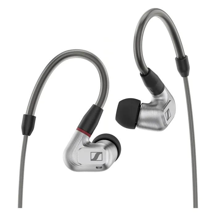 Sennheiser IE 900 wired in-ear monitors, Silver, pair with ear hooks, front view