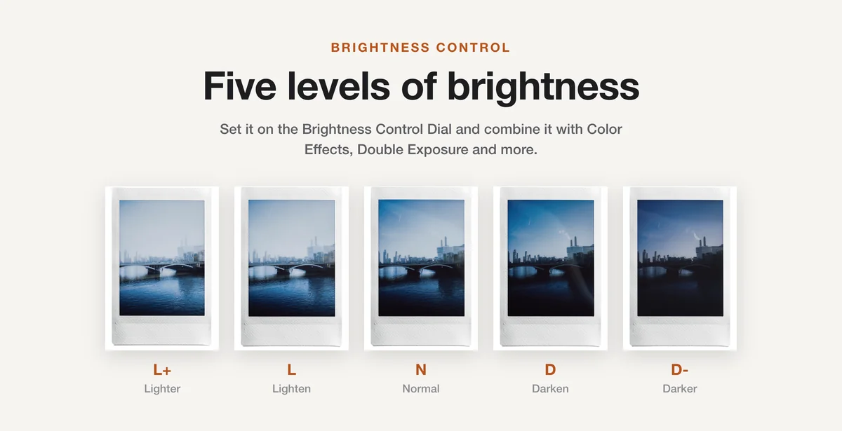 Fujifilm Instax Mini 99 Brightness Control, five levels from Lighter to Darker