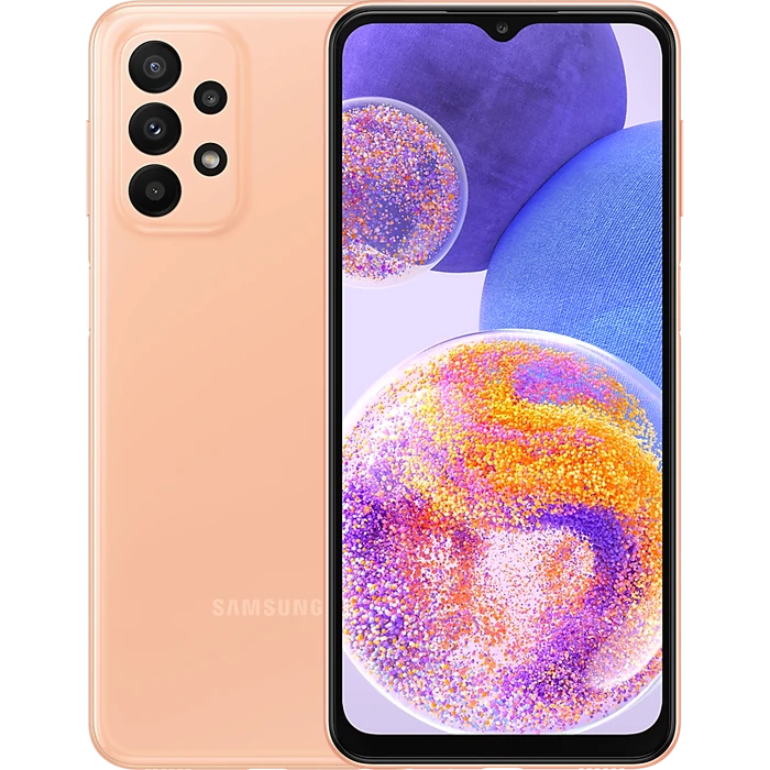Samsung Galaxy A23 4G in Orange, back view and front screen