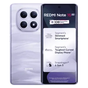Redmi Note 15 5G in Mist Purple, front and back views