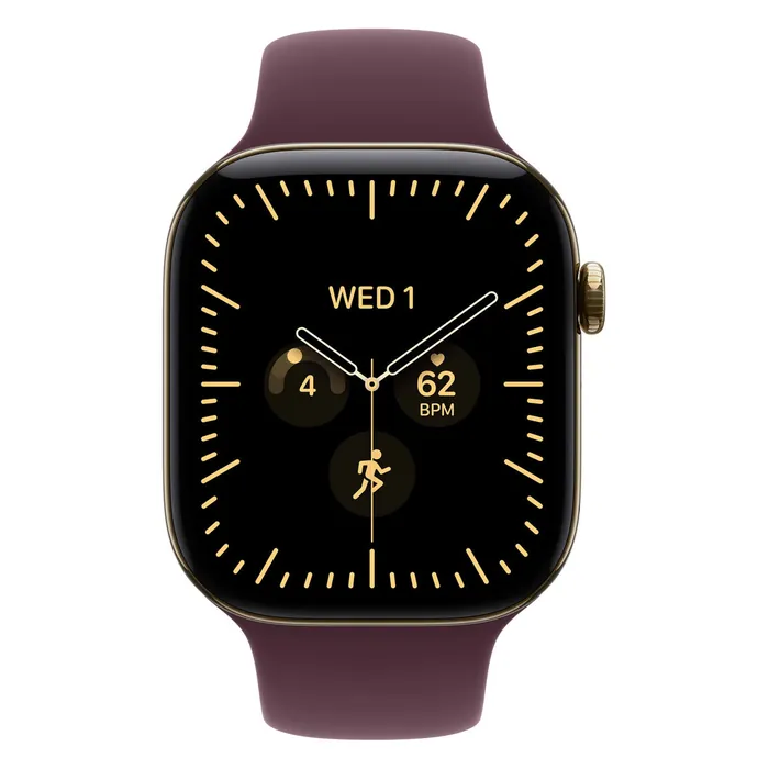 Apple Watch Series 12 46mm in Radiant Gold Titanium with the Burgundy Sport Band, front view with the watch face on