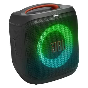 JBL PartyBox Encore Essential 2 Bluetooth party speaker in Black, angled front view with the lightshow on