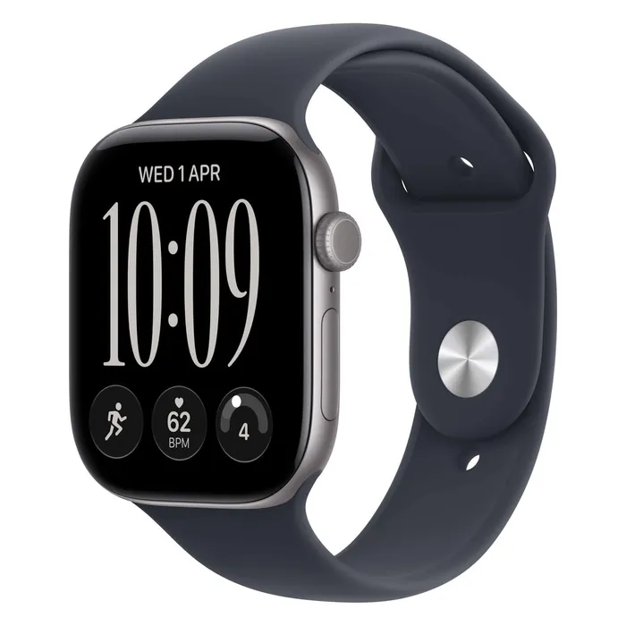 Apple Watch Series 12 46mm in Space Grey Aluminium with the Navy Blue Sport Band, three-quarter view with the watch face on