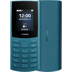 Nokia 106 4G in Ocean Blue, front view with the 1.77-inch screen and keypad, next to the textured back