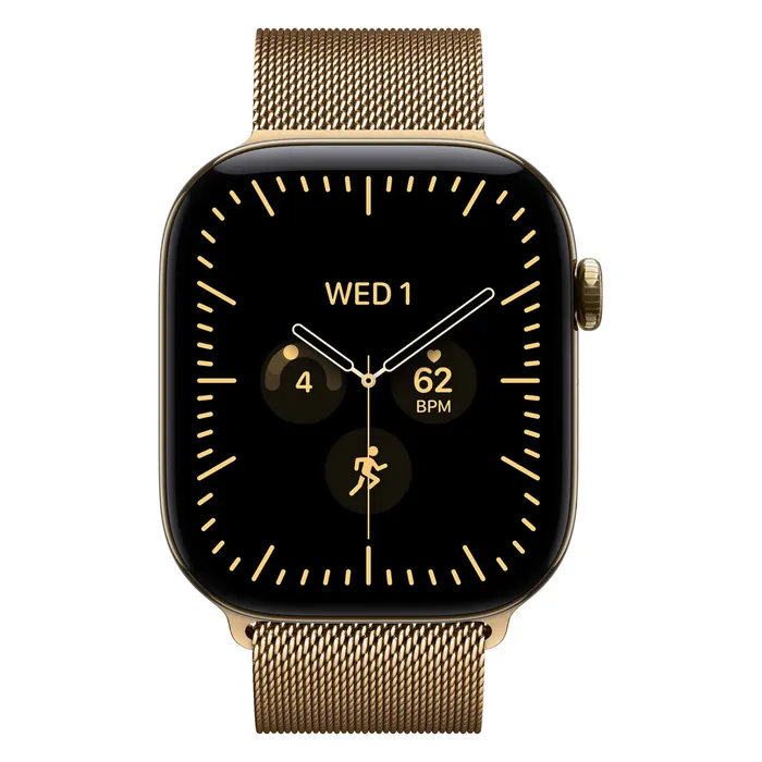 Apple Watch Series 12 46mm in Radiant Gold Titanium with the Radiant Gold Milanese Loop, front view with the watch face on