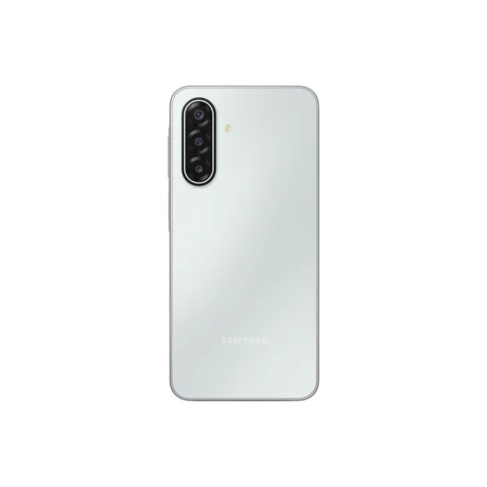 Samsung Galaxy M17 5G in Moonlight Silver, back view showing the triple camera and flash
