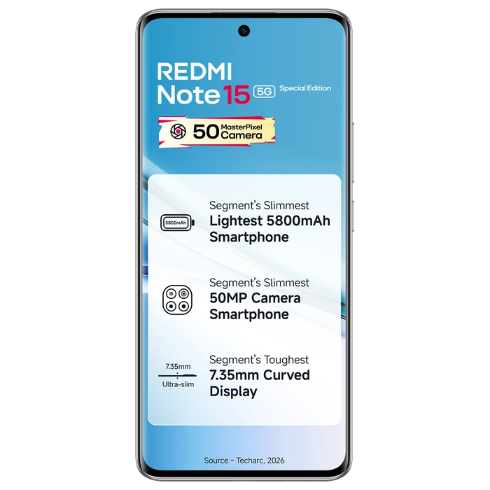 Redmi Note 15 SE 5G in Frosted White, front view of the curved AMOLED display