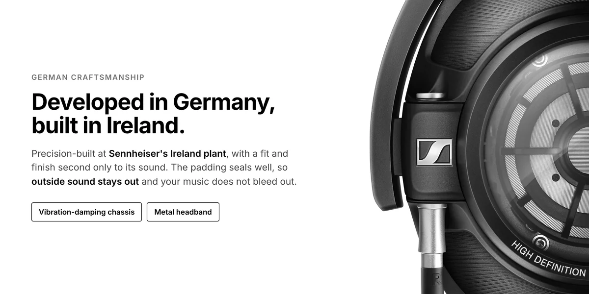 Sennheiser HD 820 earcup and metal headband detail, developed in Germany and built in Ireland