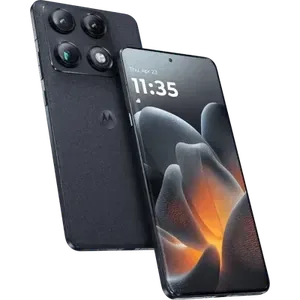 Motorola Signature in Pantone Carbon, back and front views, showing the square triple camera module and the 6.8-inch screen