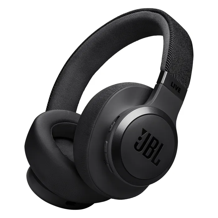 JBL Live 770NC wireless over-ear noise cancelling headphones in Black, angled view of the headphones
