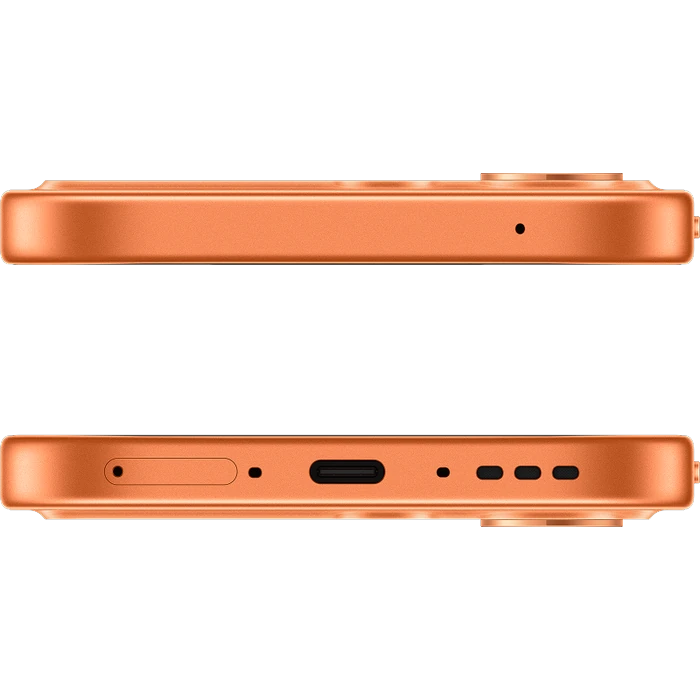 OPPO F35 Pro 5G in Sunrise Orange, top and bottom edges with the USB Type-C port and speaker grille