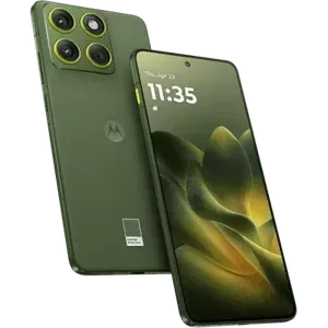 Motorola Edge 70 in Pantone Bronze Green, angled back and front views