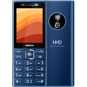 Nokia 210 4G in Blue, front view with the 2.4-inch screen and AI key, next to the back with the camera and HMD logo