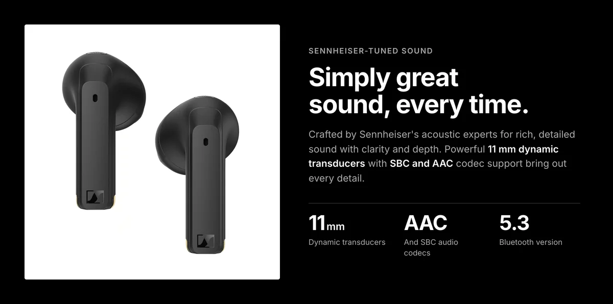 Sennheiser Accentum Open 11 mm dynamic transducers with SBC and AAC codecs and Bluetooth 5.3